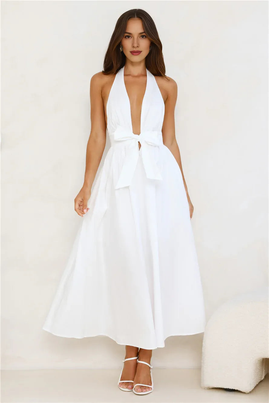 A-line Halter Deep V Neck Bow White Midi Prom Dress With Pocket Hot Sale