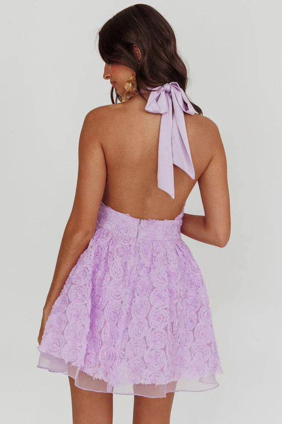 A-line Halter Deep V Neck Open Back Rosette Lavender Mini Homecoming Dress