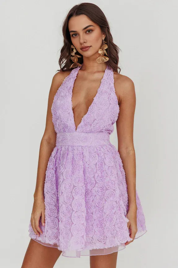 A-line Halter Deep V Neck Open Back Rosette Lavender Mini Homecoming Dress