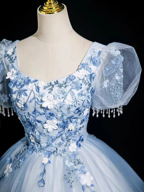 A-line Light Blue Tulle With Lace Sapplique Short Sleeves Party Dress Prom Dress