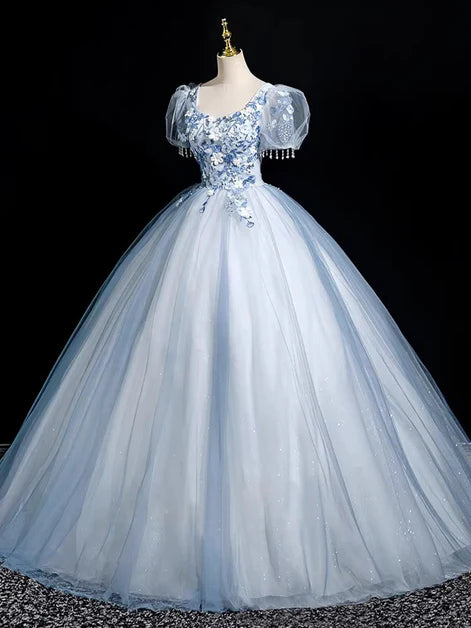 A-line Light Blue Tulle With Lace Sapplique Short Sleeves Party Dress Prom Dress