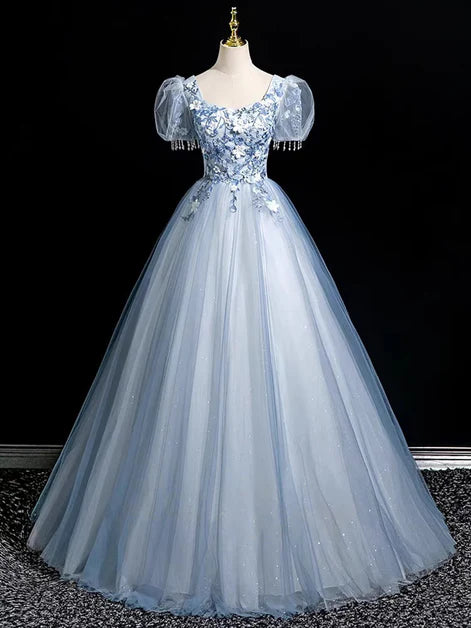 A-line Light Blue Tulle With Lace Sapplique Short Sleeves Party Dress Prom Dress