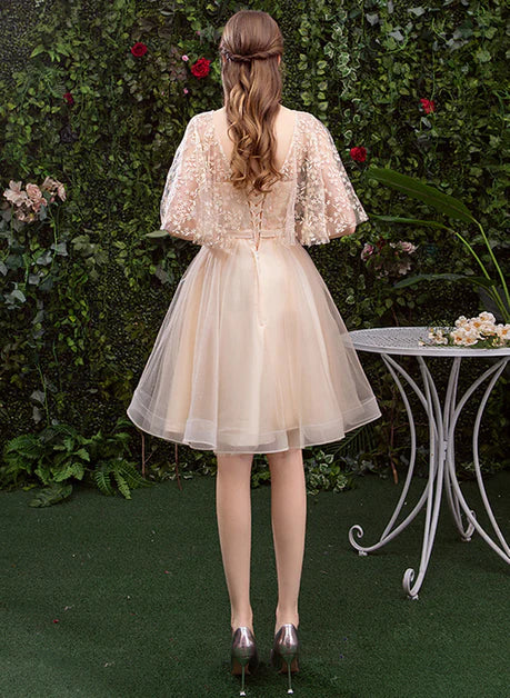 A-line Light Champagne Tulle with Lace Short Party Dress Homecoming Dress Prom Dress