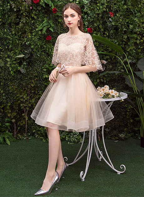 A-line Light Champagne Tulle with Lace Short Party Dress Homecoming Dress Prom Dress