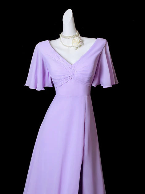 A-line Light Purple Chiffon Short Sleeves High Slit Long Party Dress Wedding Party Dress