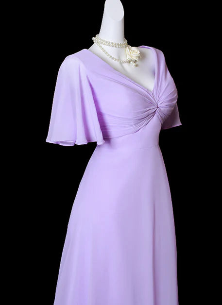 A-line Light Purple Chiffon Short Sleeves High Slit Long Party Dress Wedding Party Dress