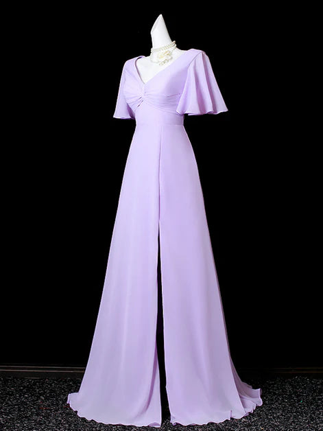 A-line Light Purple Chiffon Short Sleeves High Slit Long Party Dress Wedding Party Dress