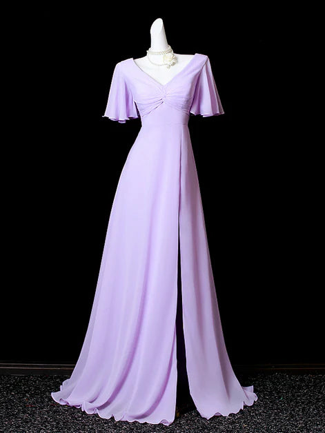 A-line Light Purple Chiffon Short Sleeves High Slit Long Party Dress Wedding Party Dress