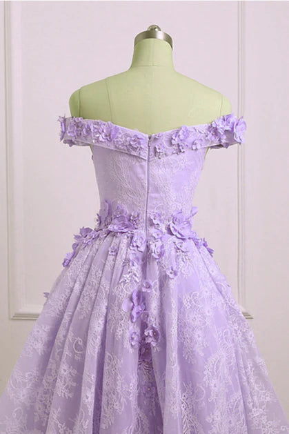 A-line Light Purple High Low Applique Lace Homecoming Dress Prom Dress
