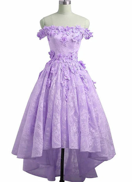 A-line Light Purple High Low Applique Lace Homecoming Dress Prom Dress