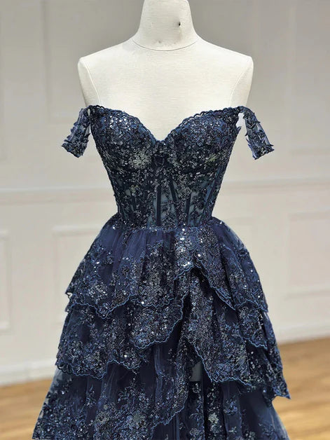 A-line Navy Blue Tulle Sequins Applique Layers Party Dress Prom Dress