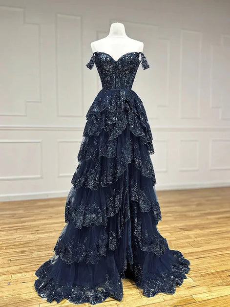 A-line Navy Blue Tulle Sequins Applique Layers Party Dress Prom Dress