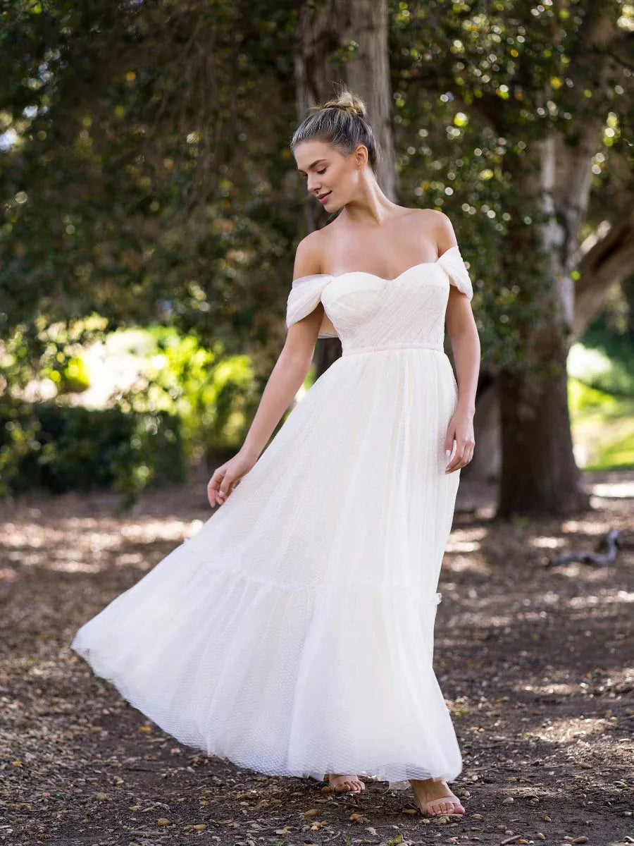 A-line Off-Shoulder Pleated Tulle Champagne Floor Length Prom Dress