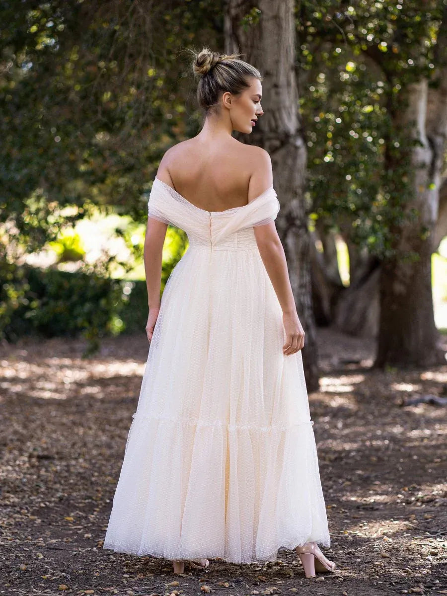A-line Off-Shoulder Pleated Tulle Champagne Floor Length Prom Dress