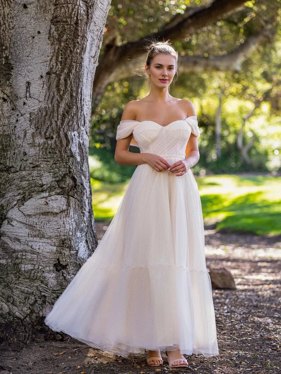 A-line Off-Shoulder Pleated Tulle Champagne Floor Length Prom Dress