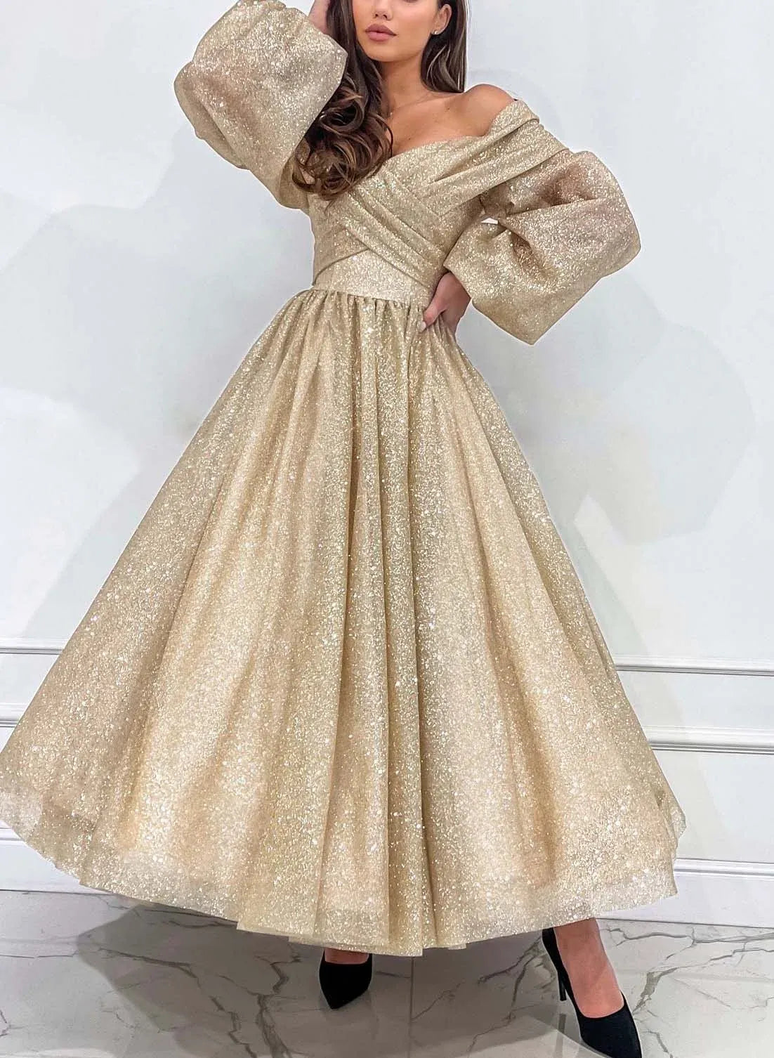A-line Off-The-Shoulder Long Sleeves Sequin Gold Ankle Length Prom Dress