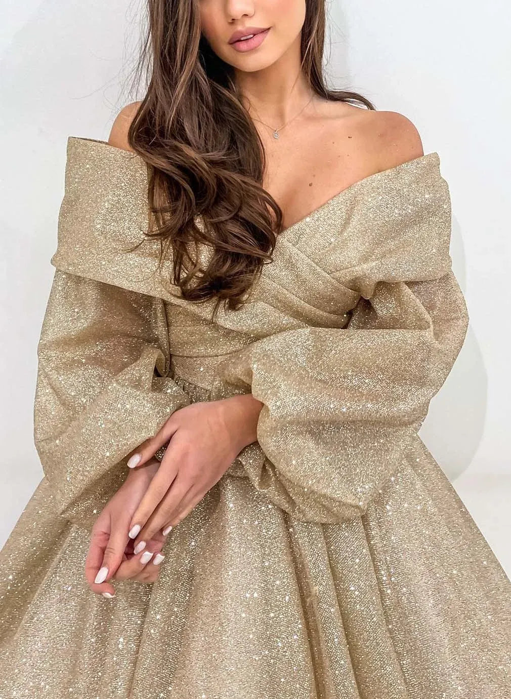 A-line Off-The-Shoulder Long Sleeves Sequin Gold Ankle Length Prom Dress
