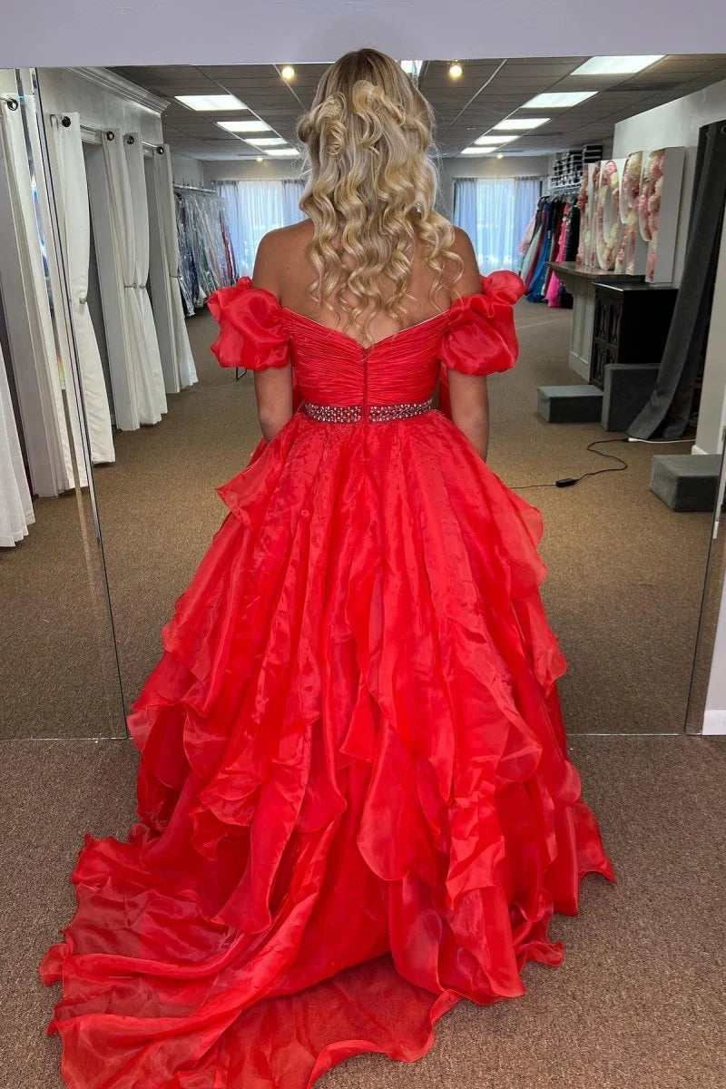 A-line Off-The-Shoulder Ruffle Layers Beaded Red Long Prom Dress