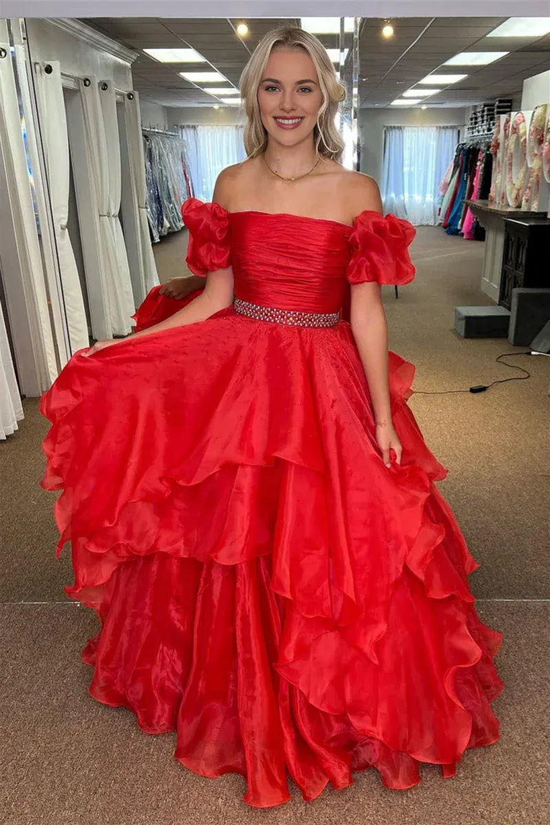 A-line Off-The-Shoulder Ruffle Layers Beaded Red Long Prom Dress