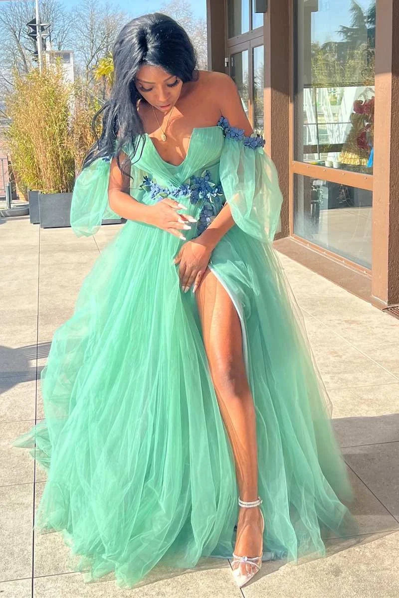 A-line Off-the-Shoulder 3D Floral Tulle Green Long Prom Dress With Slit