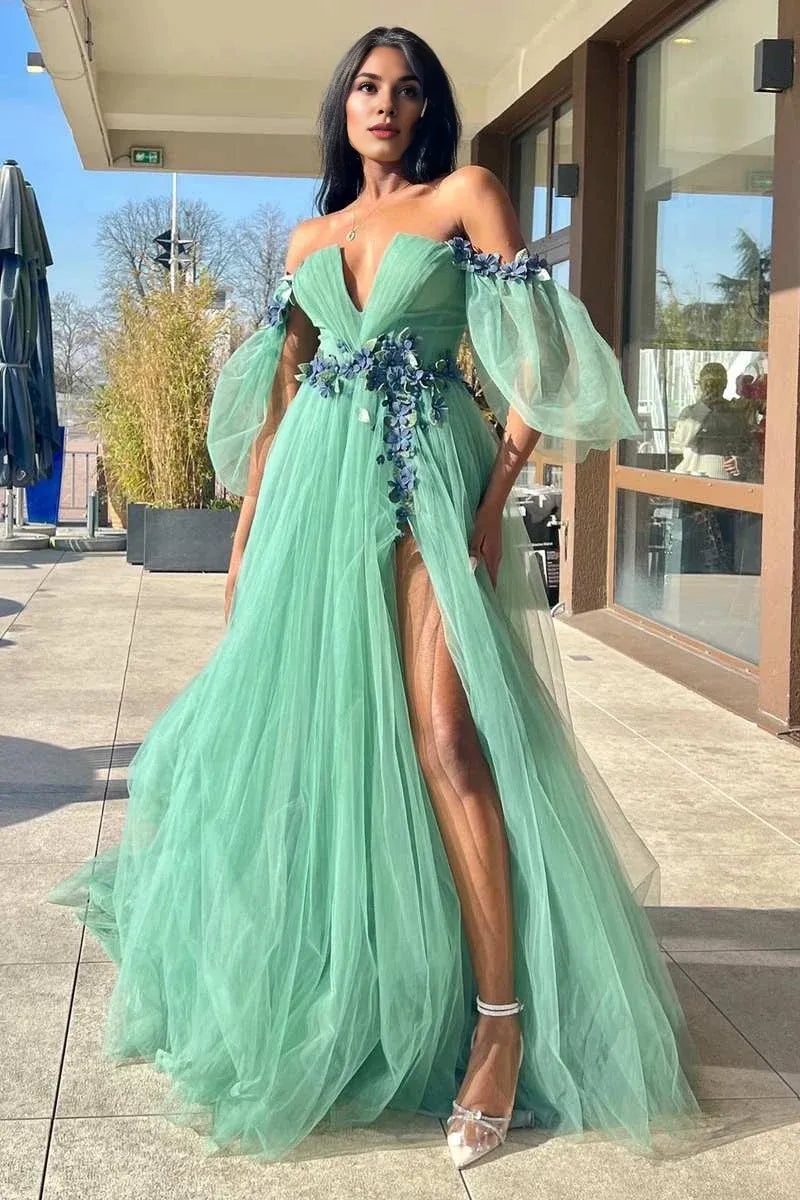 A-line Off-the-Shoulder 3D Floral Tulle Green Long Prom Dress With Slit