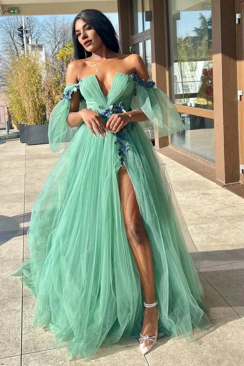 A-line Off-the-Shoulder 3D Floral Tulle Green Long Prom Dress With Slit