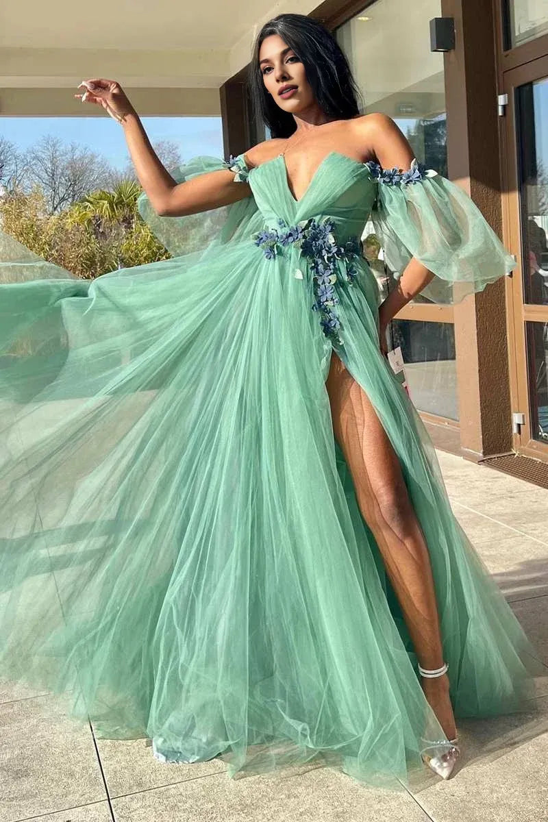 A-line Off-the-Shoulder 3D Floral Tulle Green Long Prom Dress With Slit