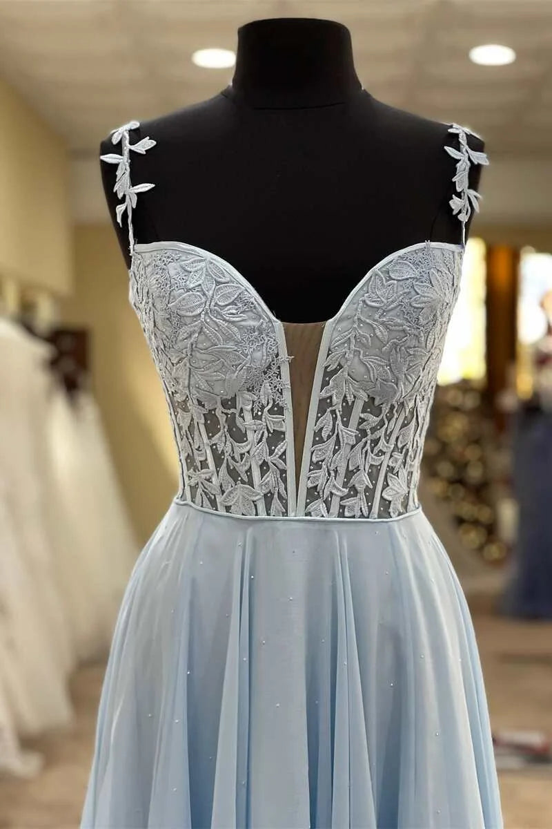 A-line Off-the-Shoulder Corset Applique Organza Periwinkle Long Prom Dress