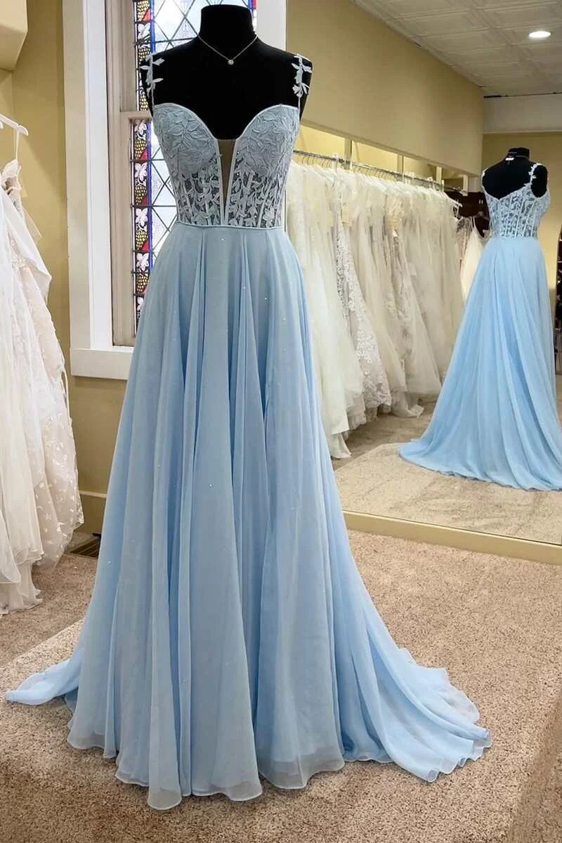 A-line Off-the-Shoulder Corset Applique Organza Periwinkle Long Prom Dress