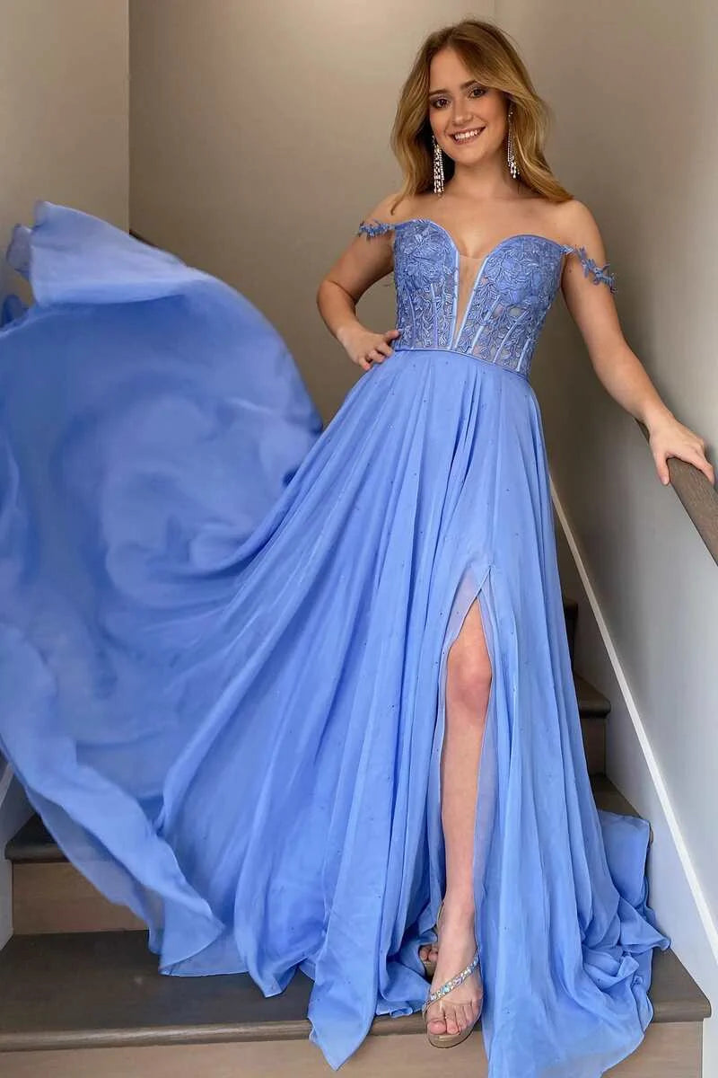 A-line Off-the-Shoulder Corset Applique Organza Periwinkle Long Prom Dress