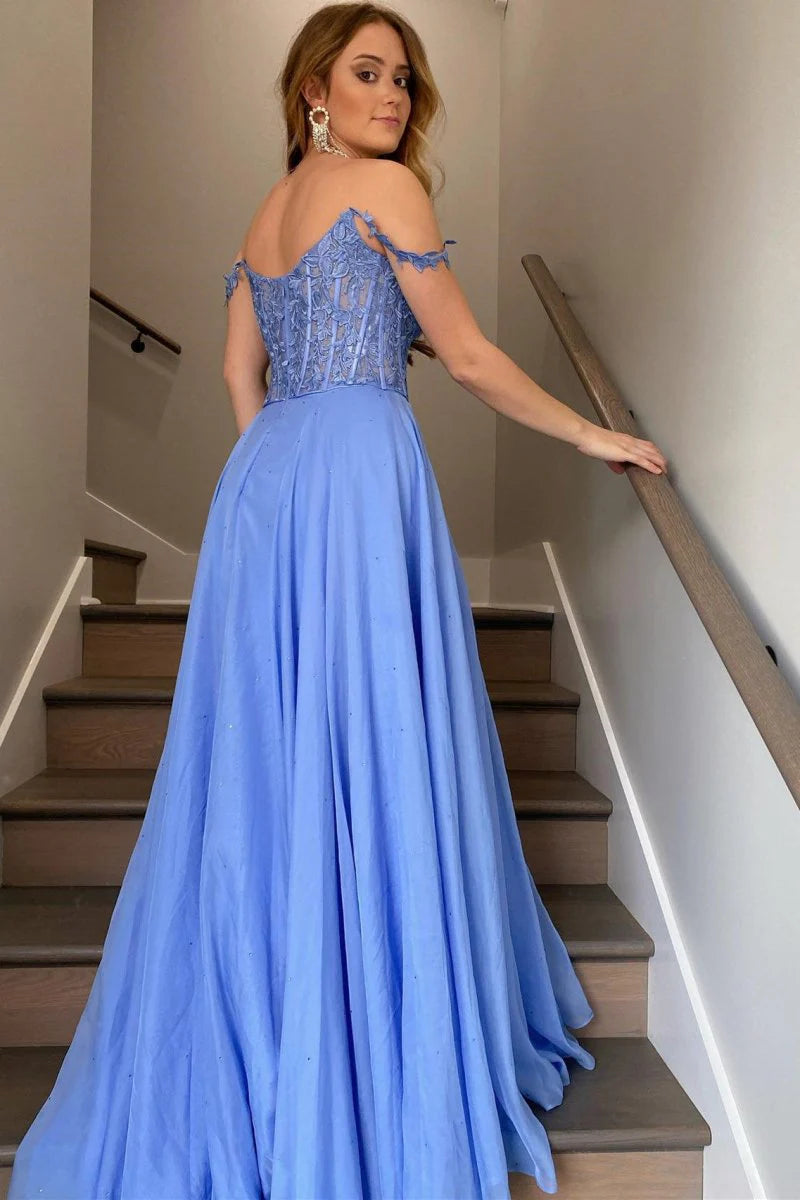 A-line Off-the-Shoulder Corset Applique Organza Periwinkle Long Prom Dress