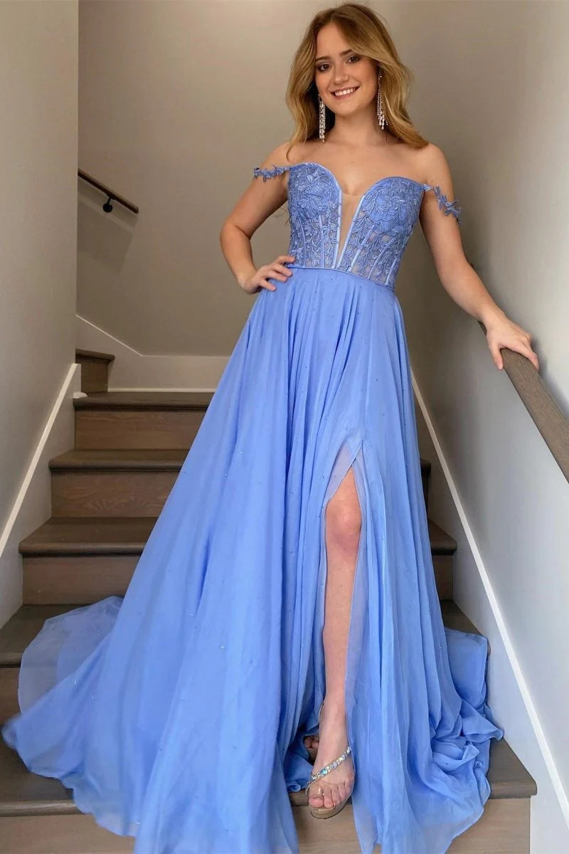 A-line Off-the-Shoulder Corset Applique Organza Periwinkle Long Prom Dress