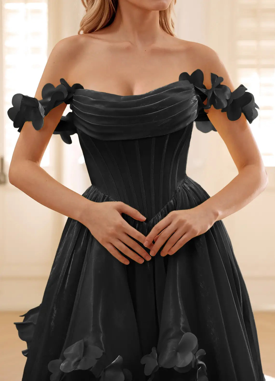 A-line Off-the-Shoulder Corset Applique Satin Chiffon Black Maxi Prom Dress