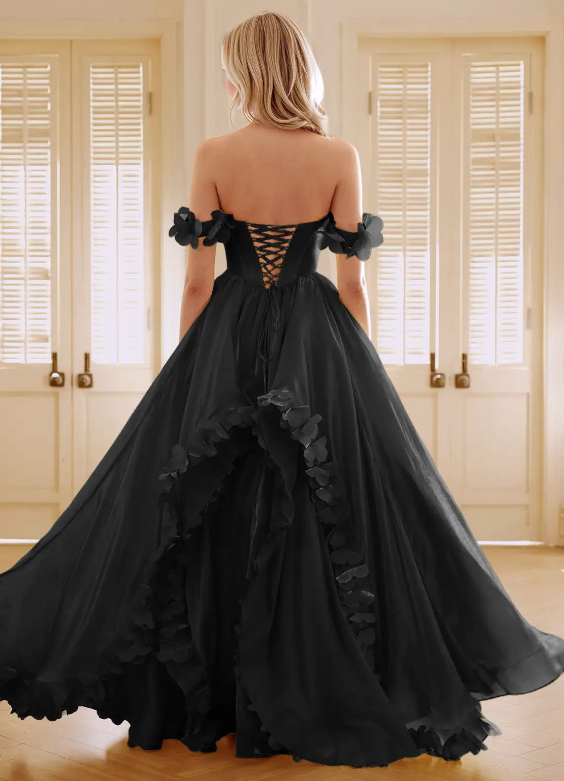 A-line Off-the-Shoulder Corset Applique Satin Chiffon Black Maxi Prom Dress
