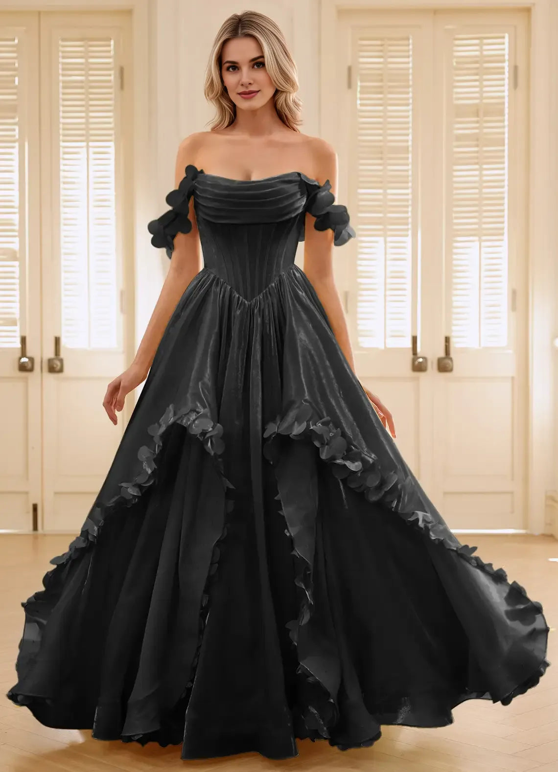 A-line Off-the-Shoulder Corset Applique Satin Chiffon Black Maxi Prom Dress