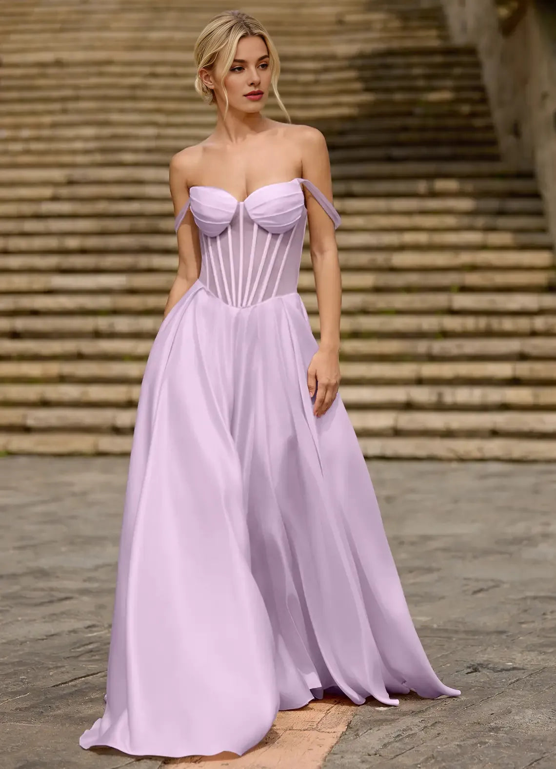A-line Off-the-Shoulder Corset Satin Purple Floor Length Prom Dress