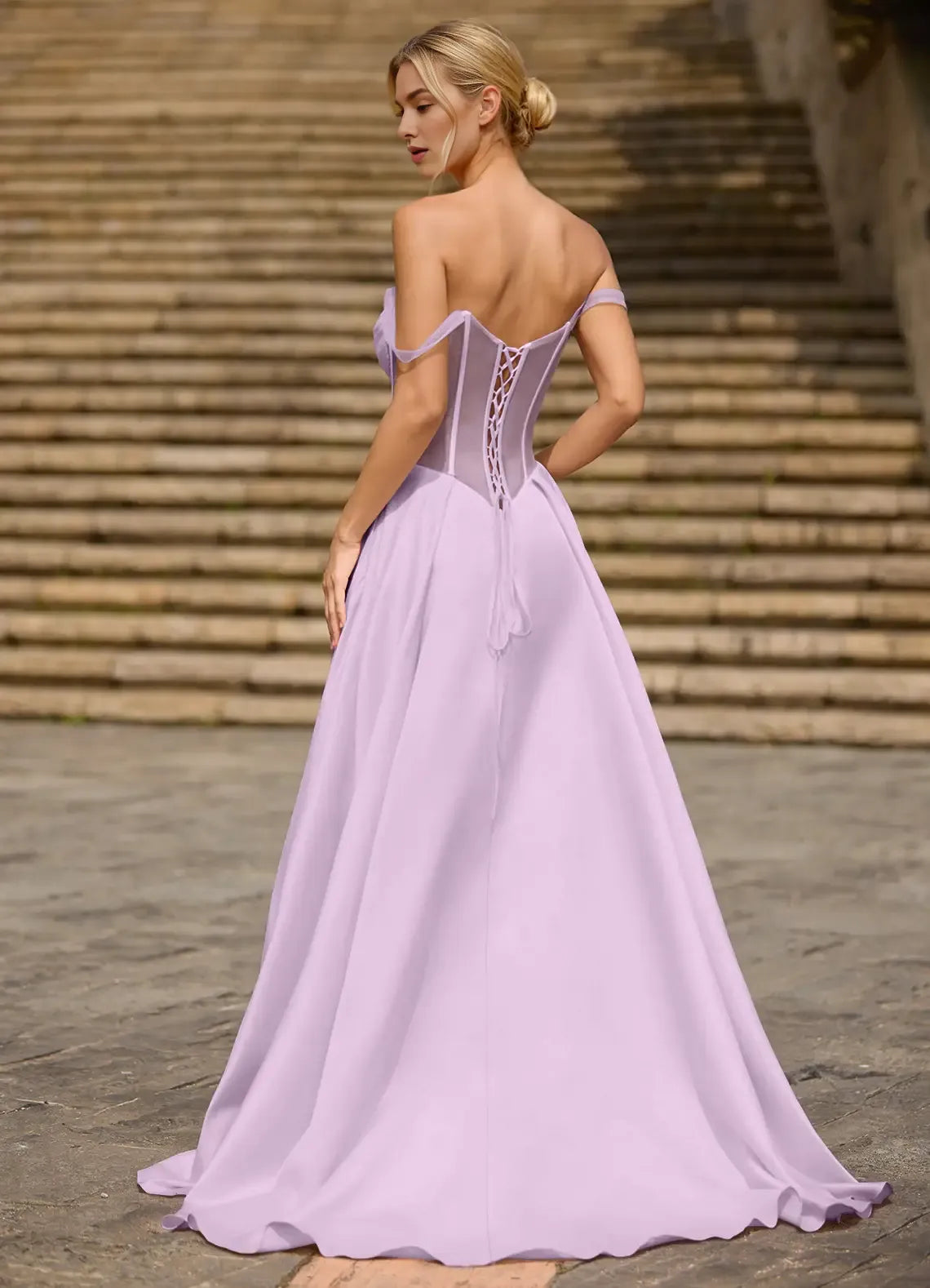 A-line Off-the-Shoulder Corset Satin Purple Floor Length Prom Dress