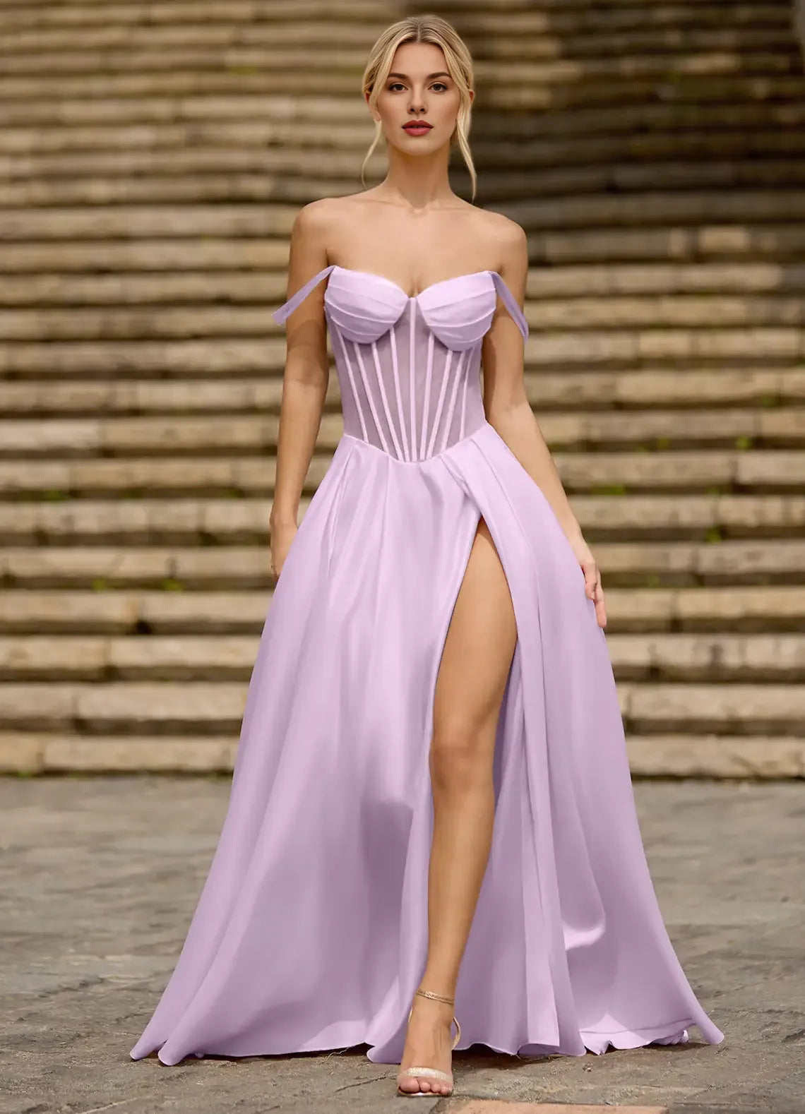 A-line Off-the-Shoulder Corset Satin Purple Floor Length Prom Dress