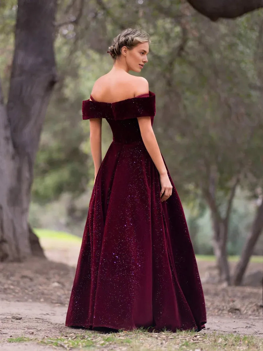A-line Off-the-Shoulder Glitter Velvet Burgundy Floor Length Prom Dress