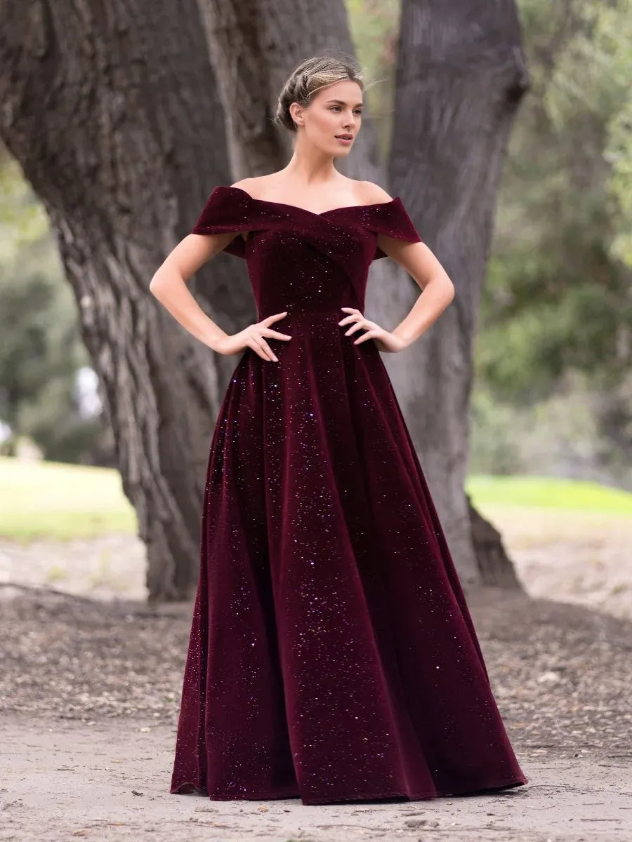 A-line Off-the-Shoulder Glitter Velvet Burgundy Floor Length Prom Dress