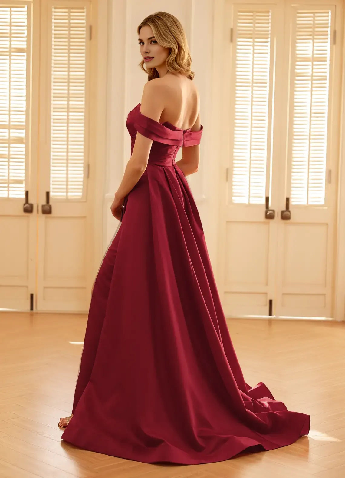 A-line Off-the-Shoulder Pleated Satin Burgundy Prom Dress With Cape