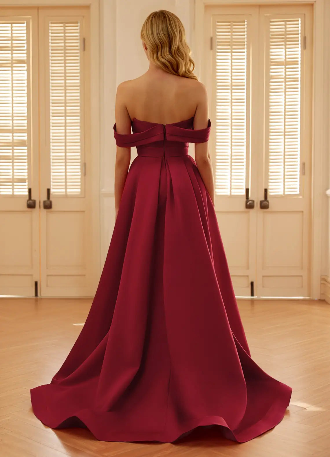 A-line Off-the-Shoulder Pleated Satin Burgundy Prom Dress With Cape