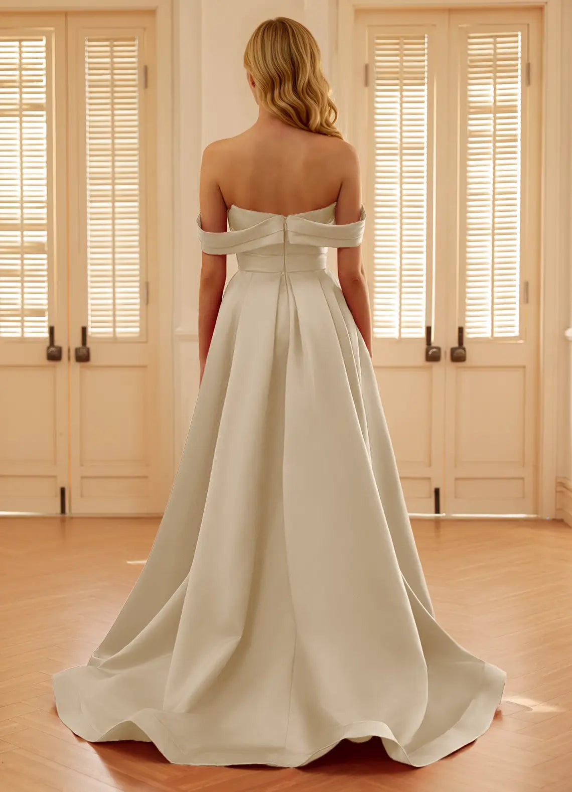 A-line Off-the-Shoulder Pleated Satin Champagne Prom Dress With Cape