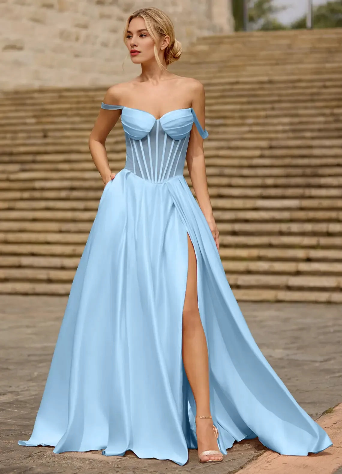 A-line Off-the-Shoulder Satin Light Blue Floor Length Prom Dress With Pocket