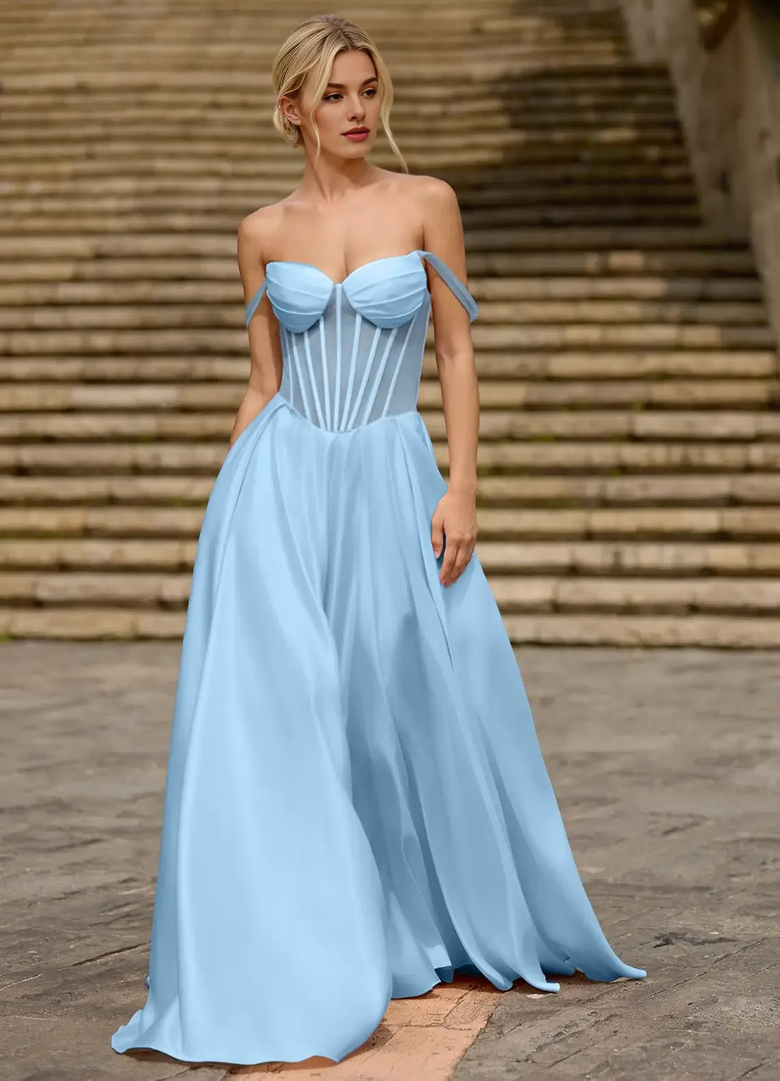 A-line Off-the-Shoulder Satin Light Blue Floor Length Prom Dress With Pocket
