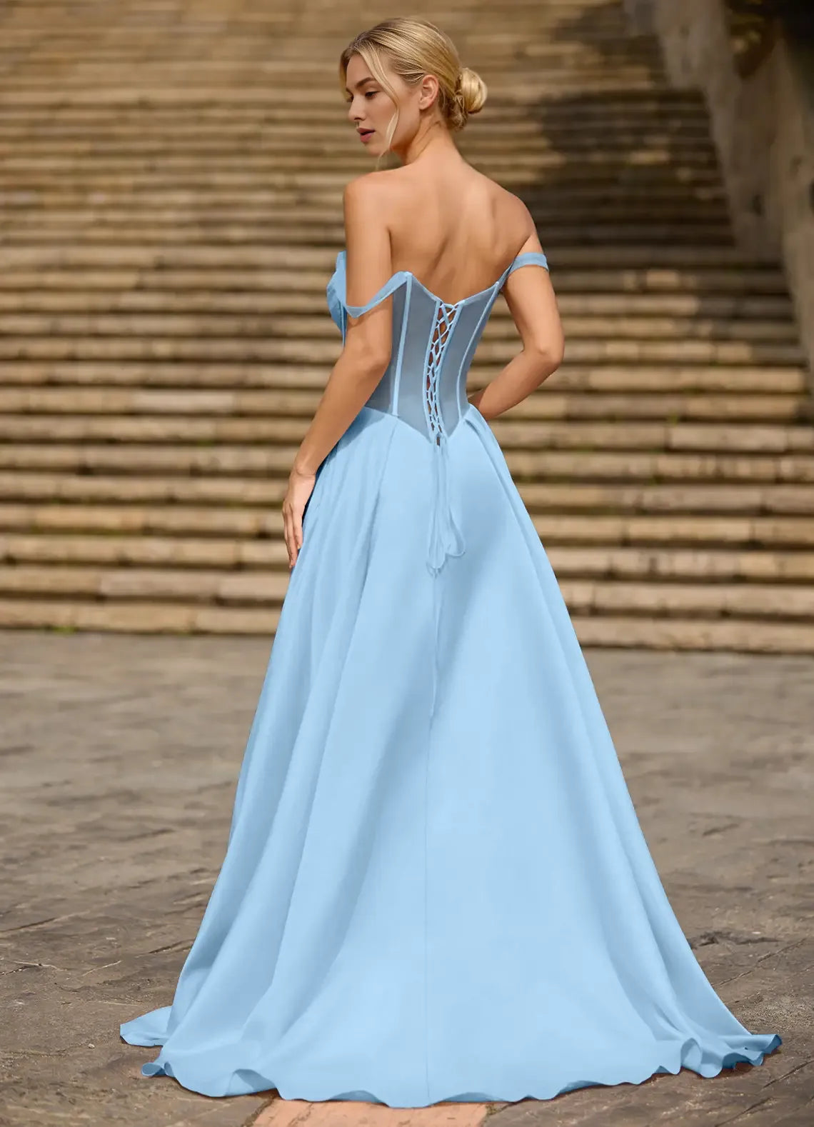 A-line Off-the-Shoulder Satin Light Blue Floor Length Prom Dress With Pocket