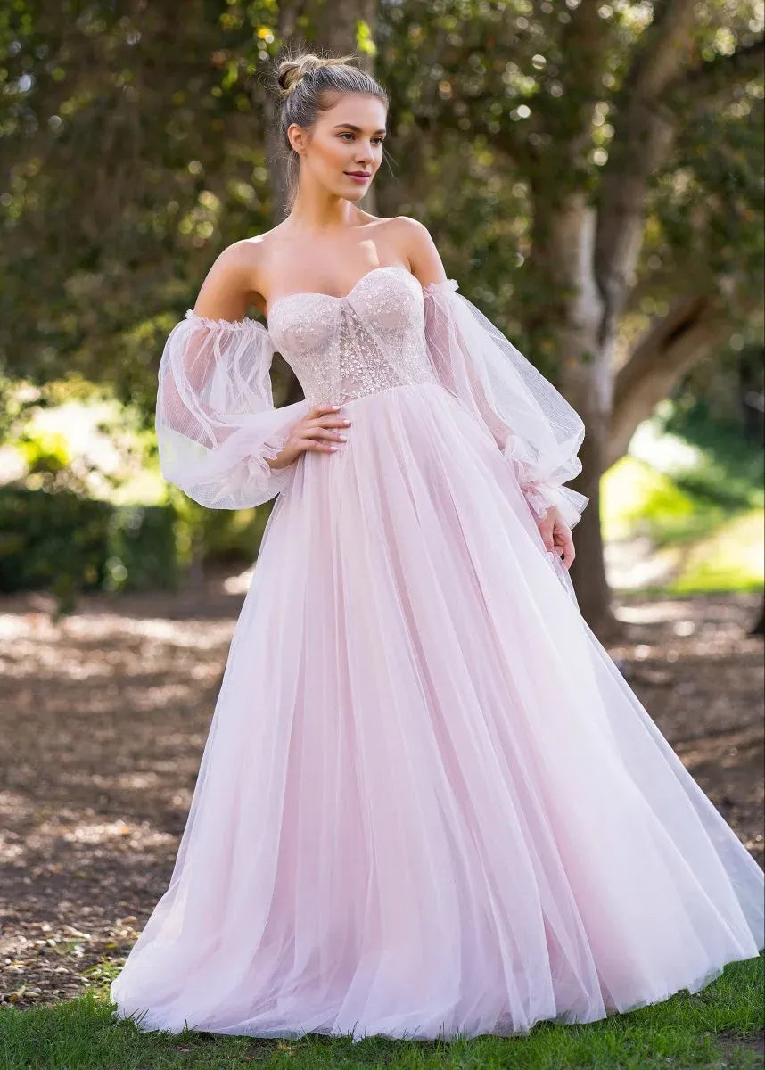 A-line Off The Shoulder Sequins Appliques Corset Tulle Pink Prom Dress