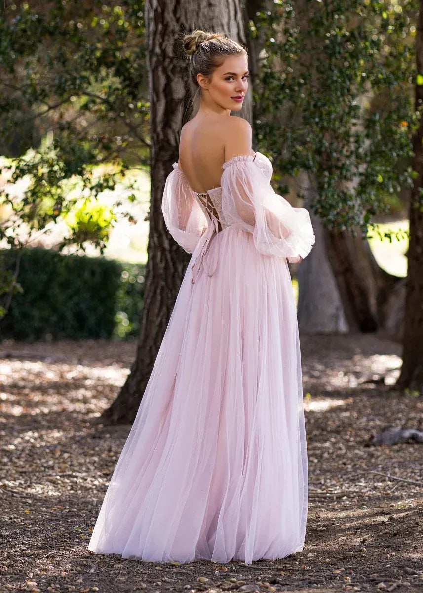 A-line Off The Shoulder Sequins Appliques Corset Tulle Pink Prom Dress