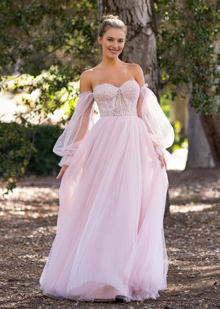 A-line Off The Shoulder Sequins Appliques Corset Tulle Pink Prom Dress