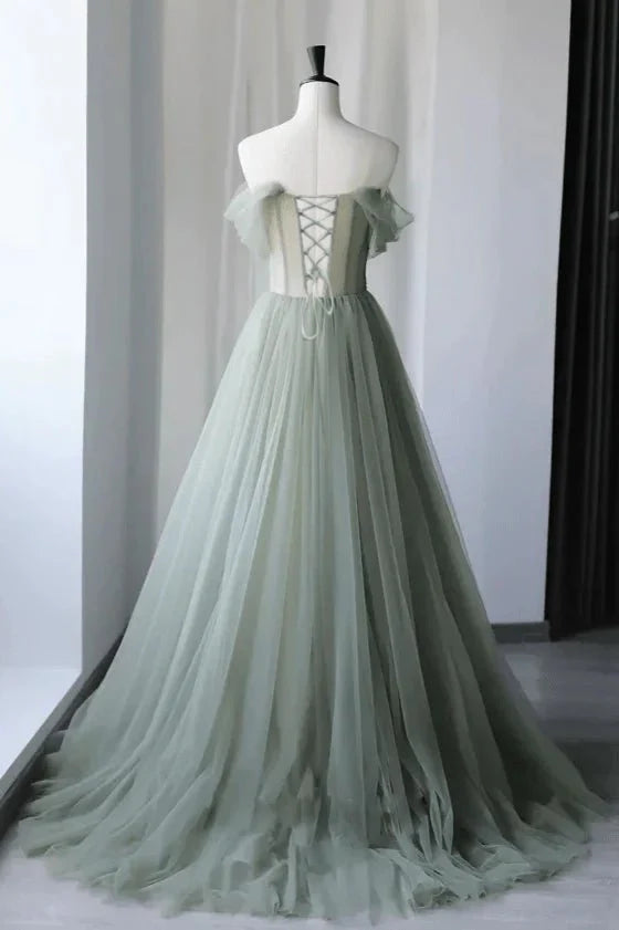 A-line Off the Shoulder Applique Tulle Sage Long Evening Dress Princess